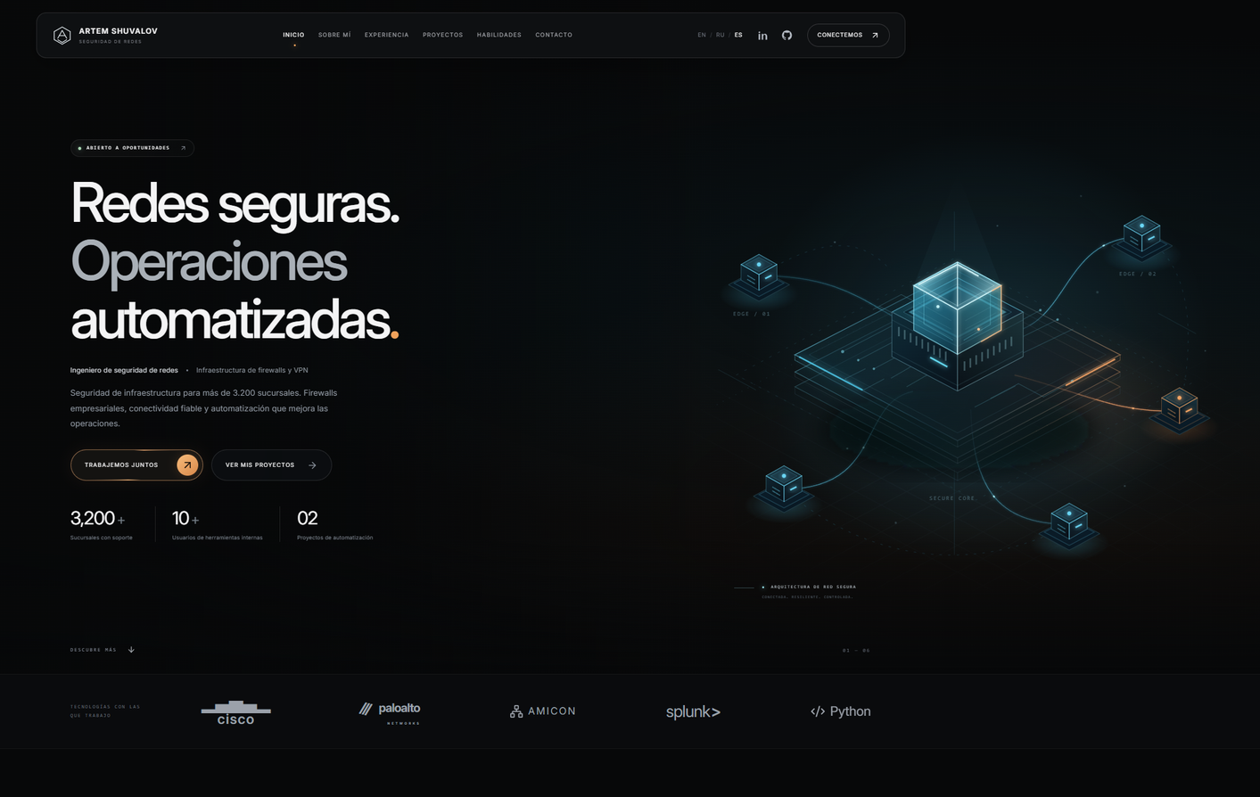 Captura real de la web personal de Artem Shuvalov: portada en español con el título Redes seguras. Operaciones automatizadas. y una ilustración de infraestructura de red.