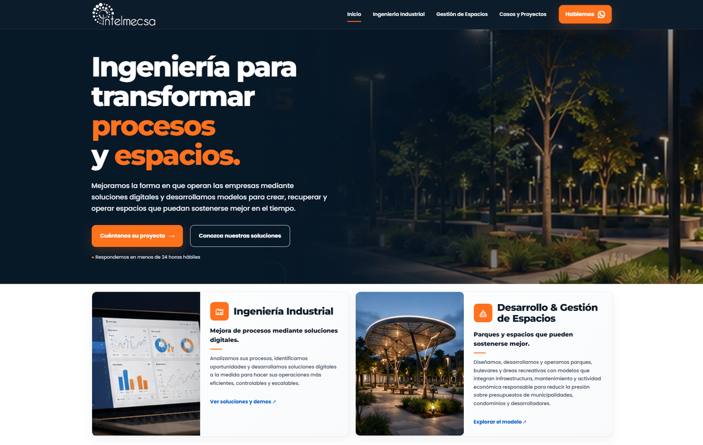 Captura real del sitio de Intelmecsa: portada en español con el título Ingeniería para transformar procesos y espacios, servicios y contacto por WhatsApp.