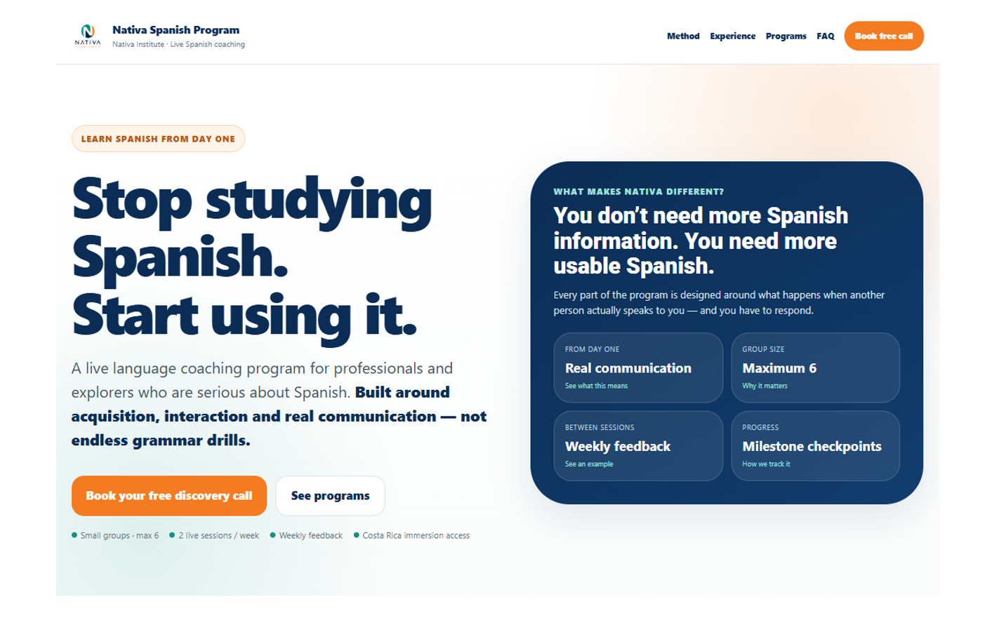 Captura real de Nativa Spanish Program: portada en inglés con el título Stop studying Spanish. Start using it., información del programa y un botón para reservar una llamada.